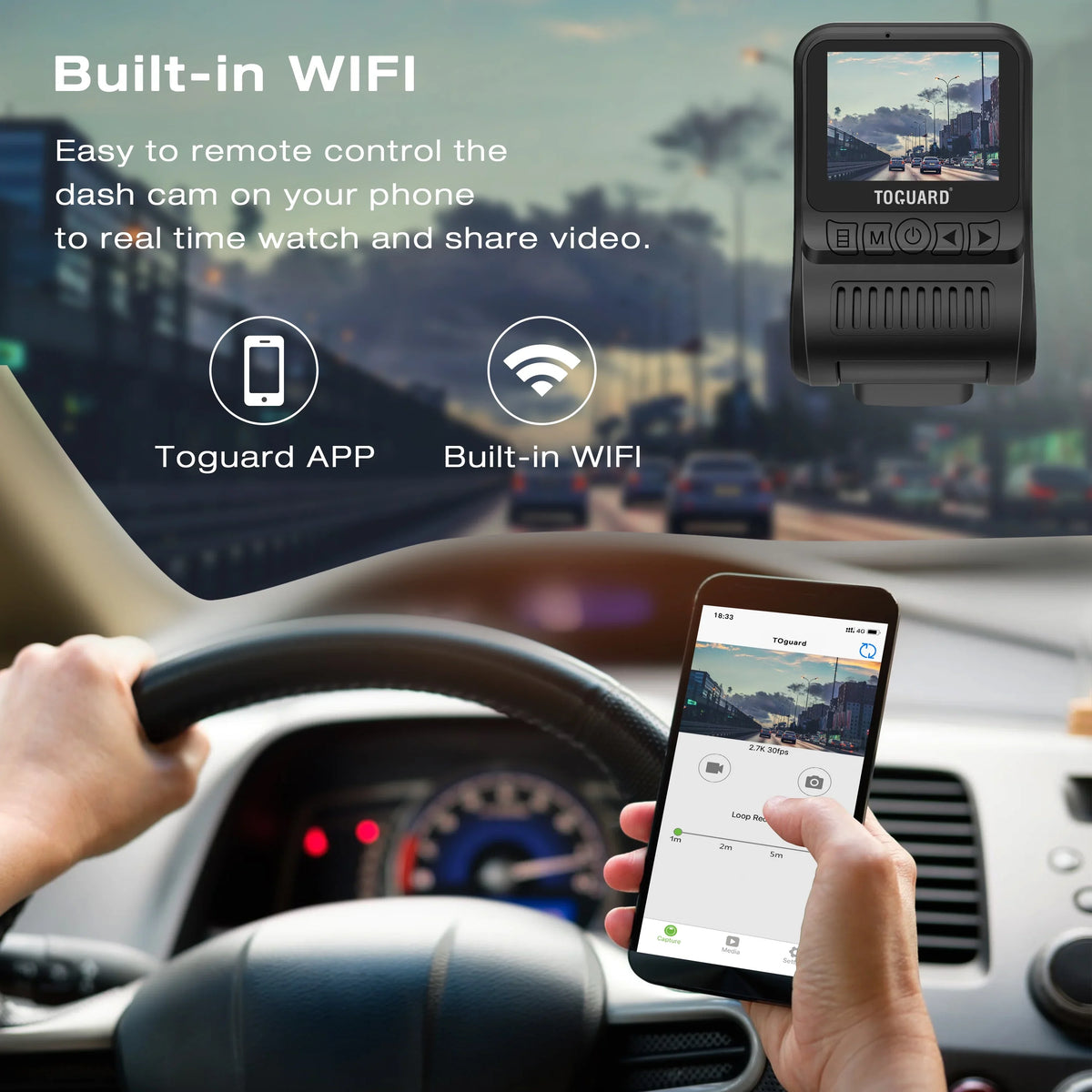 24H with 1080 Vision, Dual Night Loop Cam Front GPS Recording, Dash 170° Camera Wide for Dash Inside, WDR 1.5" Campark Car Cars Parking and Angle, Camera, Monitor