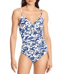 Toile Underwire 6 Ralph WHITE/BLUE Swimsuit, Ruched Floral Lauren One-Piece US