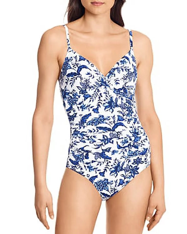 Toile Underwire 6 Ralph WHITE/BLUE Swimsuit, Ruched Floral Lauren One-Piece US