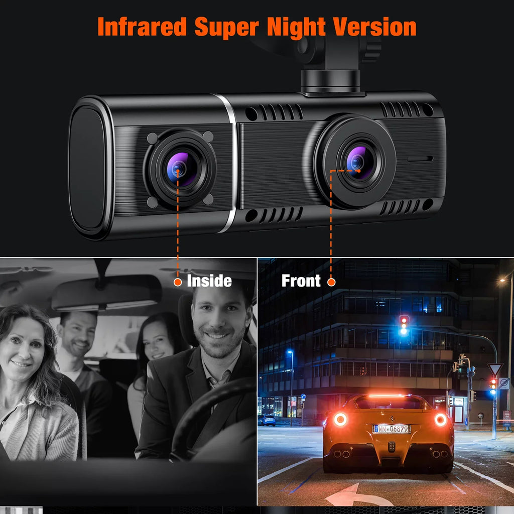 with Motion 3 TOGUARD Three IR Way Cam Channel Car Parking and Dash Detection Vision Triple 1080P Inside Night Rear Front Camera Lock Dash Monitor Camera Accident