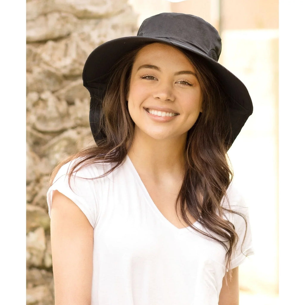 Sun Bucket Foldable Flap Black UPF UV Hat Protective Brim 51+ Wide Cover Womens