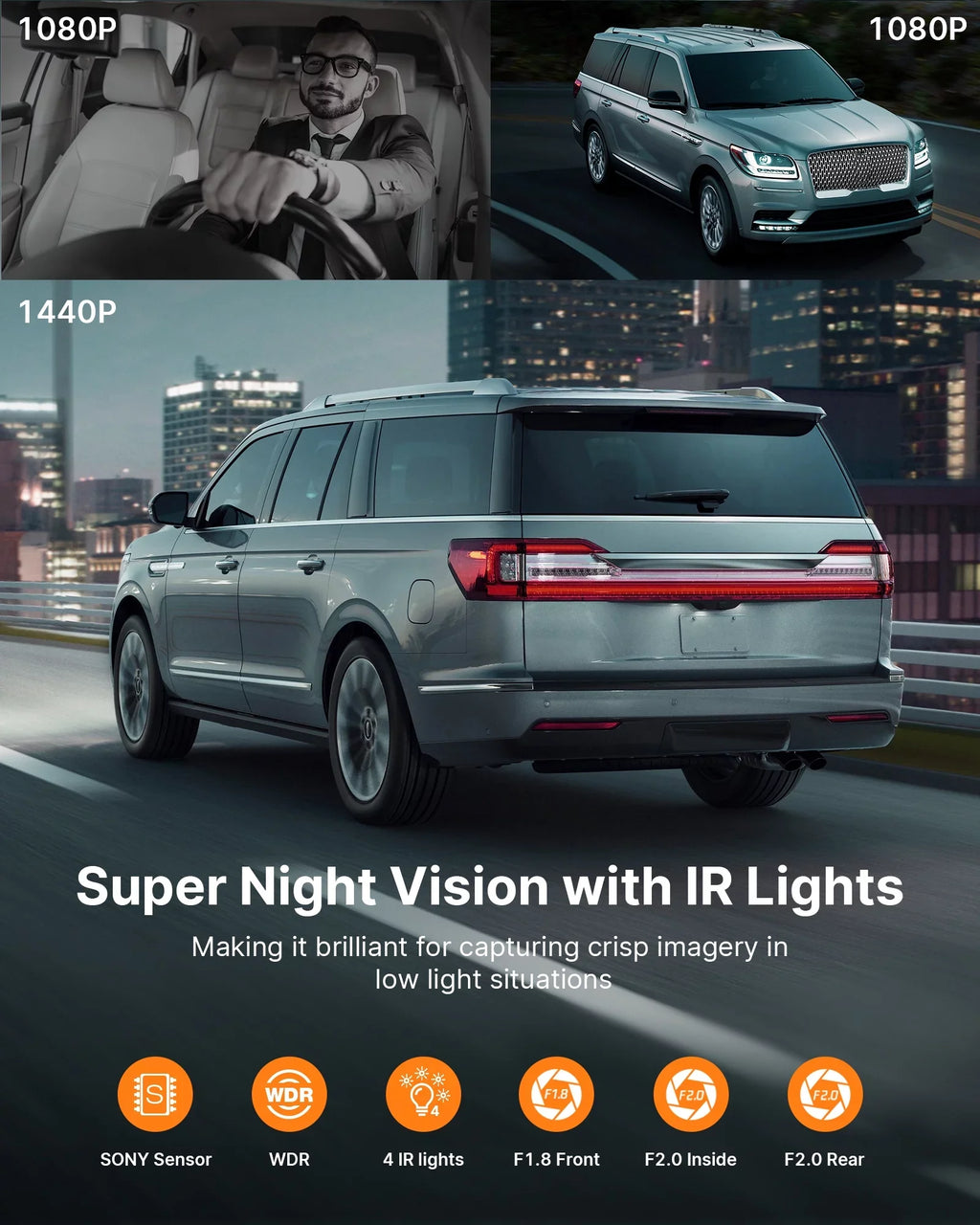 Car Dash and 3 Cam 170°Wide Channel 2K+1080P+1080P Angle, Dash Inside, Front with Rear Camera Night 4K+1080P Triple IR 4K Parking Inside, and Front Camera WDR, Vision, Monitor