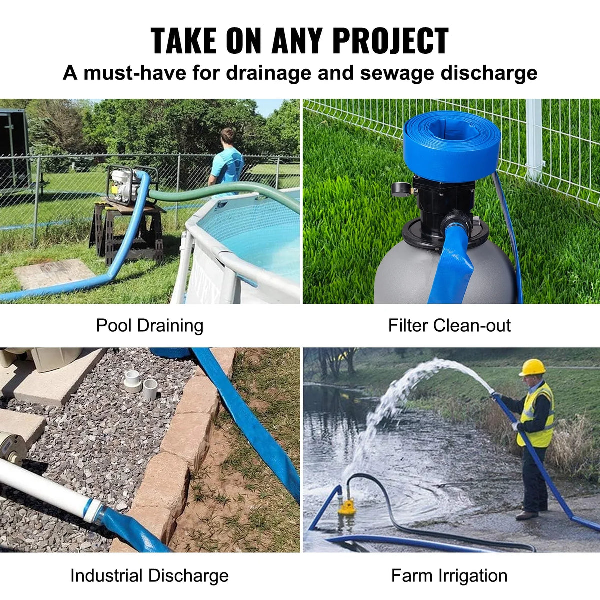Hose Pool PVC Premium Hose Lay Blue Filter Clamps BENTISM x Discharge 50' and climate Swimming 2'' Resistant Flat Chemical with Backwash