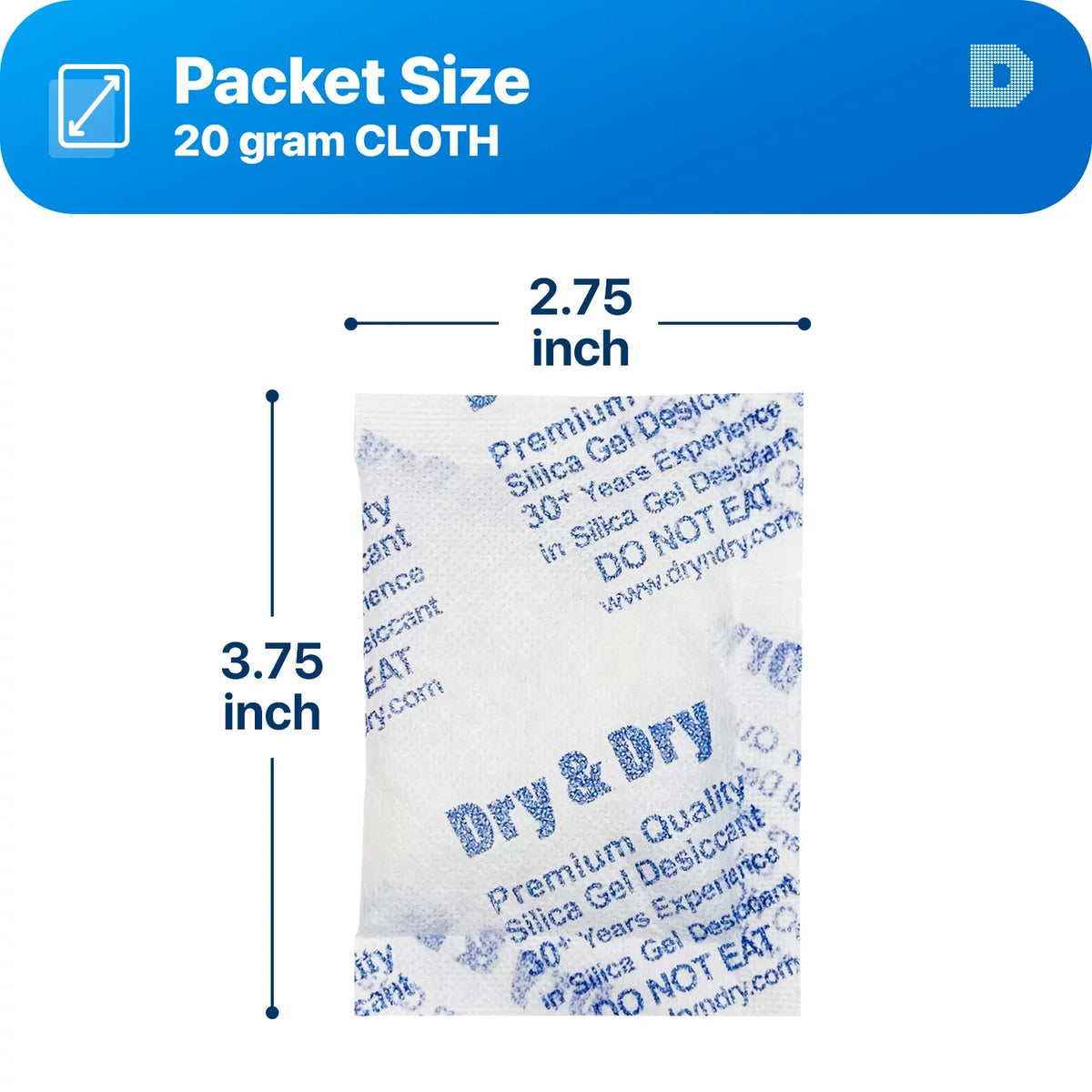 Dry" "Dry Premium Rechargeable Fabric Dehumidifiers Packets Silica Gel [100 - Gram & Packs] 20 Desiccant