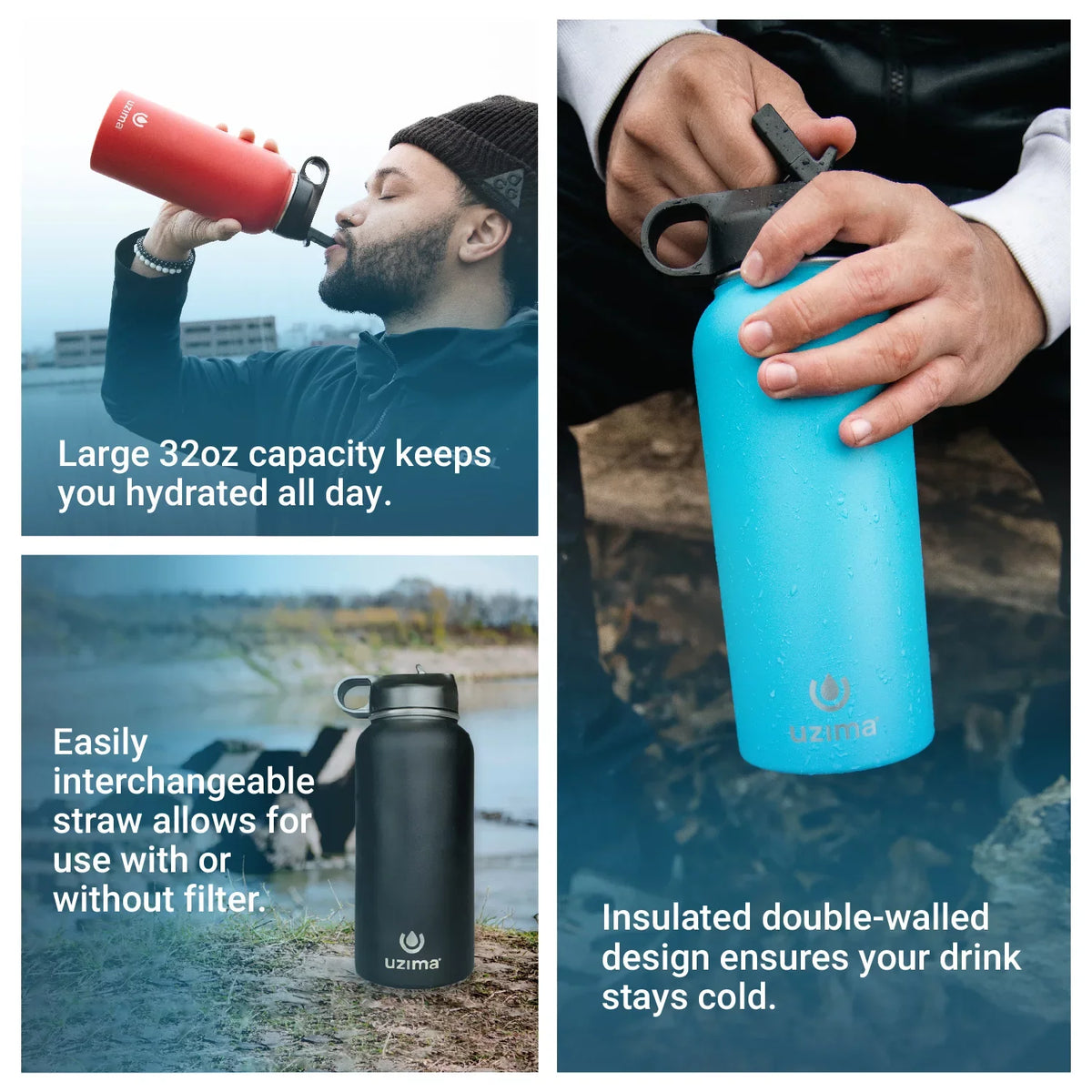 Bottle Filtered and Camping, Steel the Large Uzima Double-Walled (Blue) on Exterior. Backpacking, liquid Purification for 32oz Travel. Hiking, liquid with Capacity Z-Source Go. - Stainless