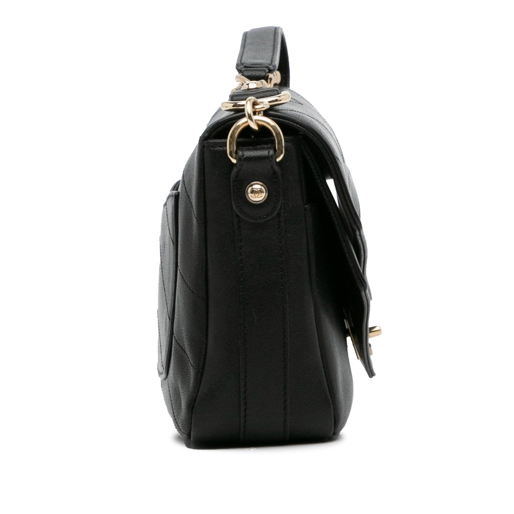 Calf Satchel Double Chevron Authenticated Black Leather (Good) Elaphe Flap Unisex Pre-Owned skin