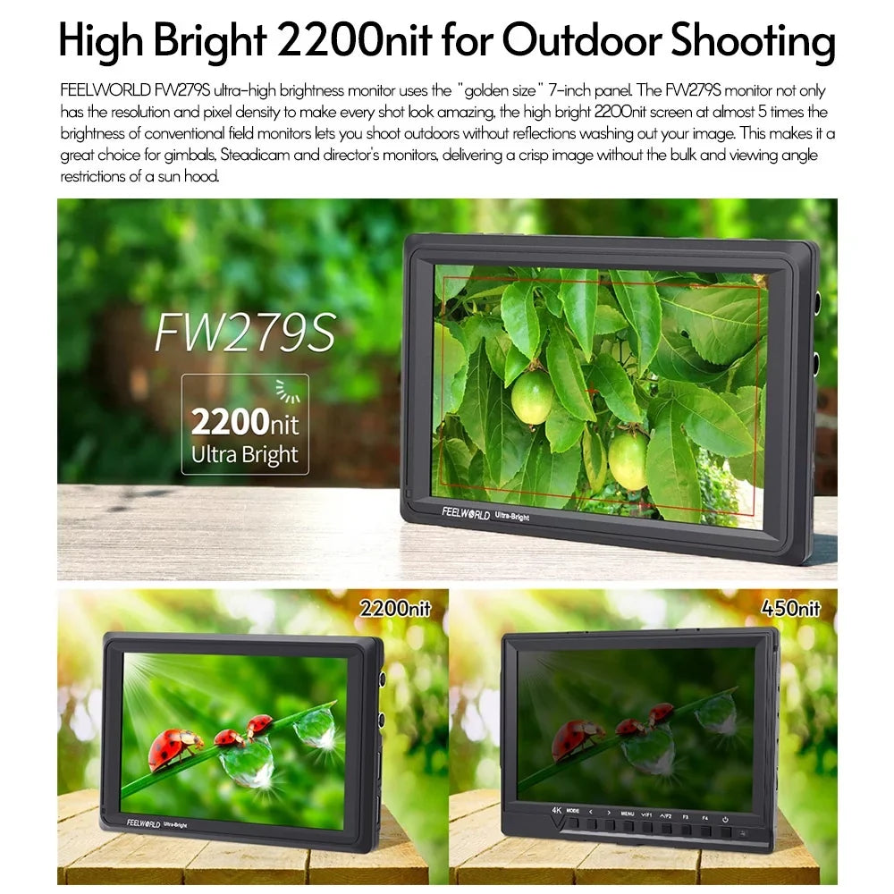 4K FEELWORLD Viewable Design Thin Outside 7 Output Direct / FW279S in Sunlight 3G-SDI 2200nit IPS for Monitor Bright Panel Viewable Daylight Inch 1920*1200 Input Ultra Field Even