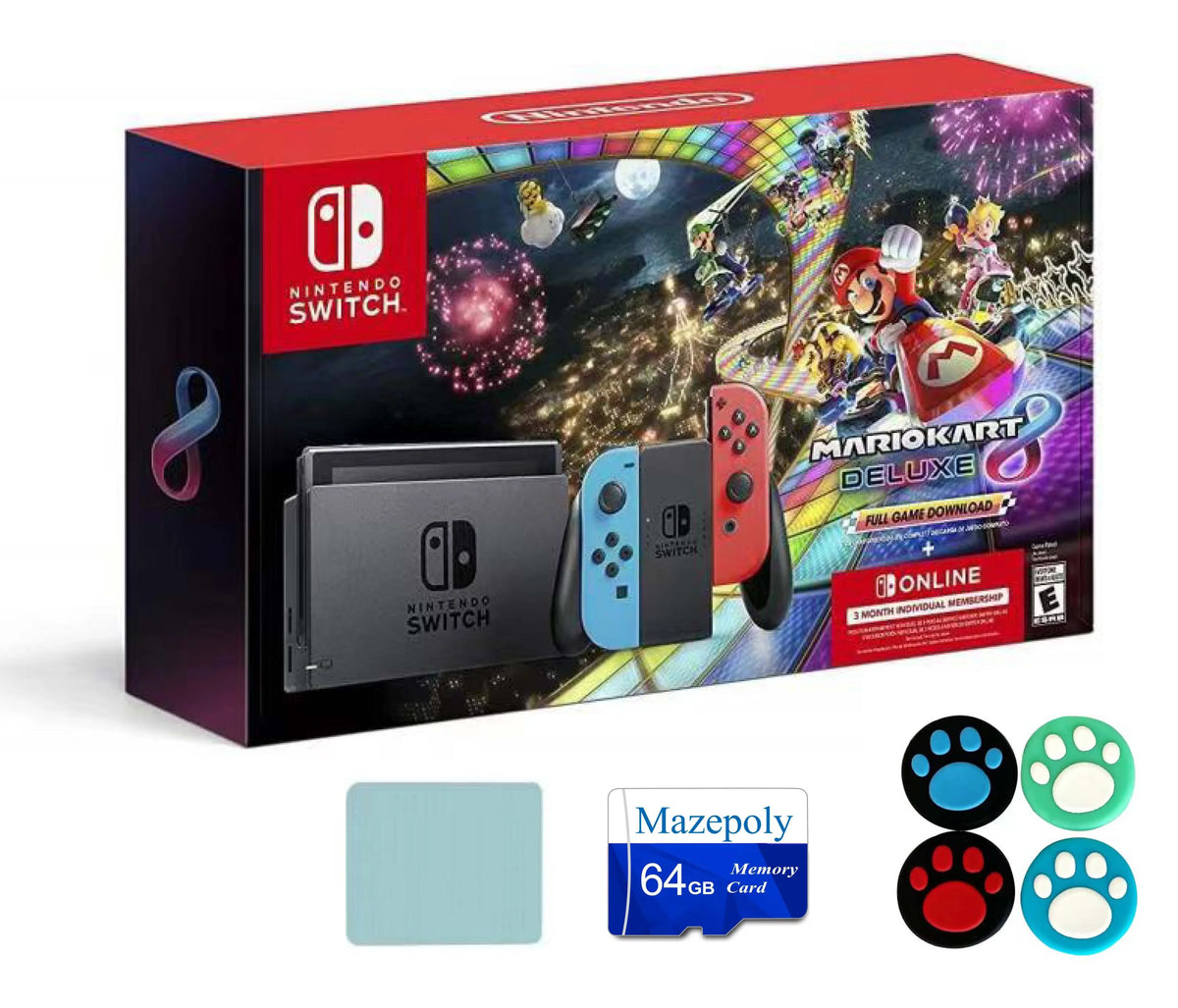 Accessories 3 Online Nintendo Joy-Con Download Full Membership Mario Months | Console Blue/Red Nintendo Bundle: Kart Neon Switch Deluxe with 8 | Game Switch Mazepoly