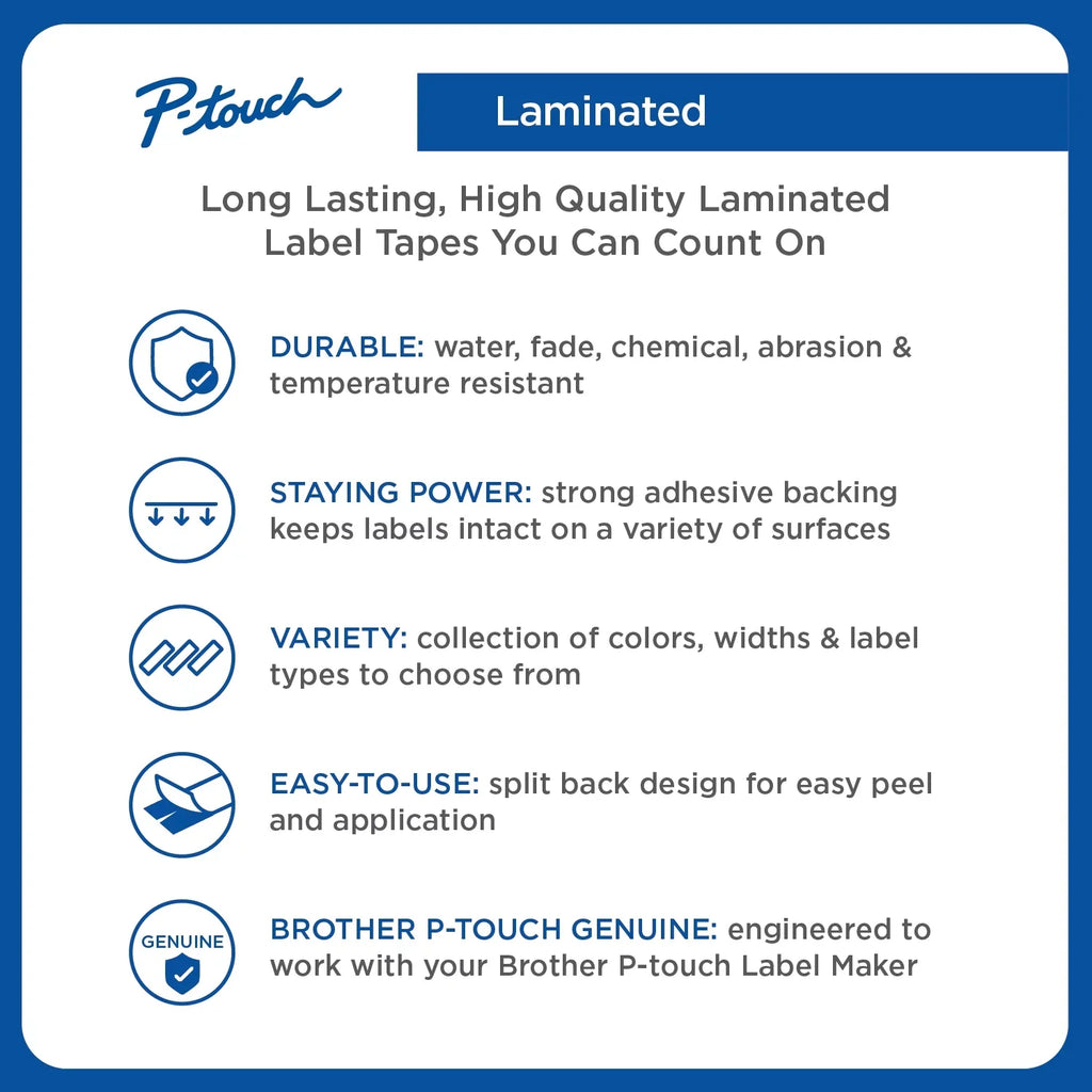 Black P-touch 2/Pack Laminated White, Brother Tze Labeling Adhesive on Tapes, 1/2"w, Standard