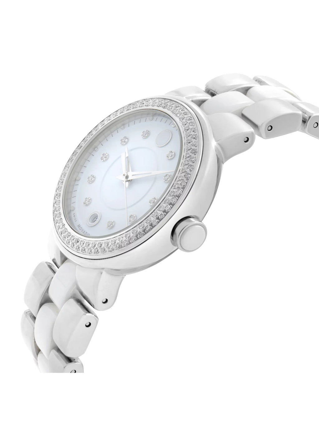 Diamond Watch Steel Ceramic Movado 0606625 Quartz White Bezel Ladies Cerena