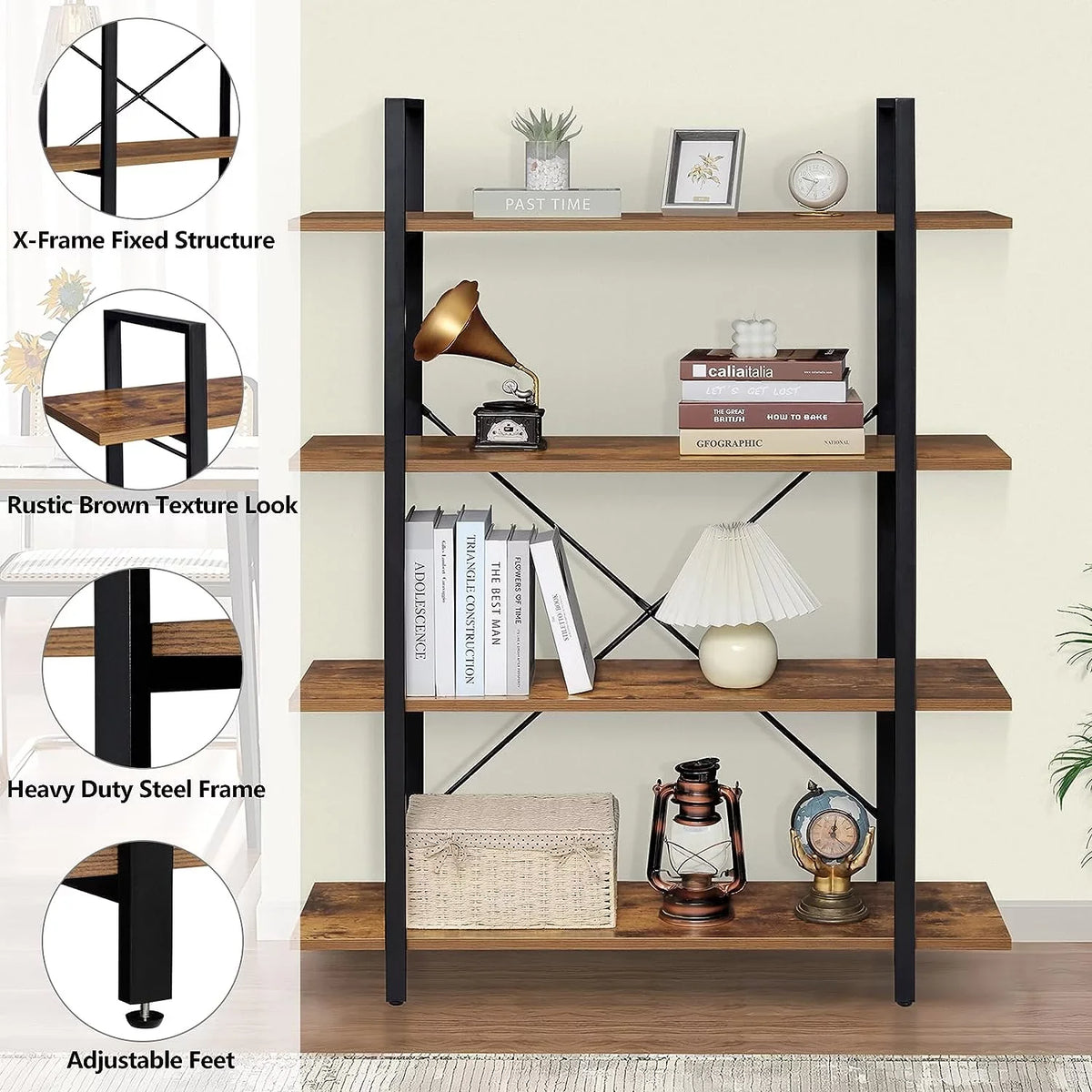Room, with Shelf, Rustic Bookshelf, Brown DIQIN Shelves Bookcase Display Home Frame, Open Office, 4-Tier for Metal Living Tall Book Bedroom,