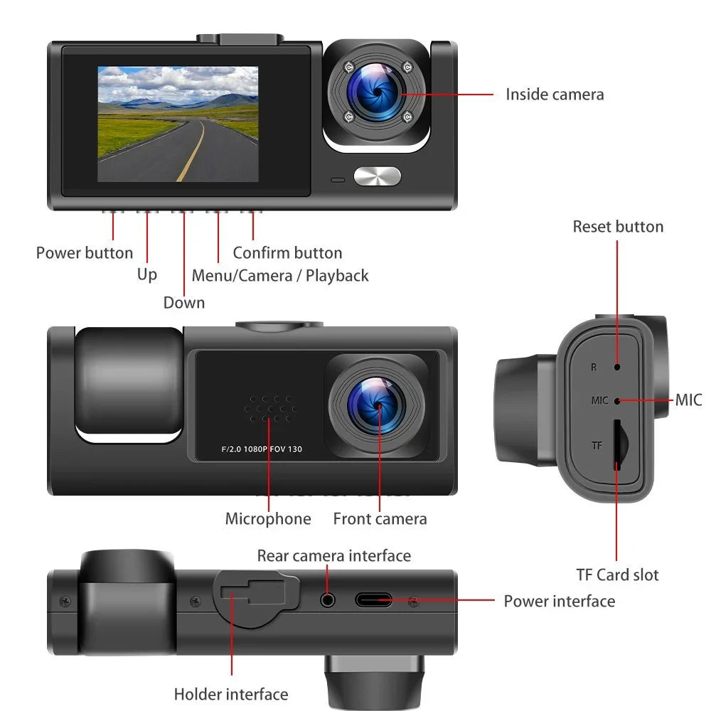 Loop Channel Monitor Three and G-Sensor, Inside Dash 3 HD Cam Way for Vision, W/IR Front 1080P Rear Full W/32GB Night Recording, TF Cars, Car Dash Camera Card, Parking Triple Dashcam Camera