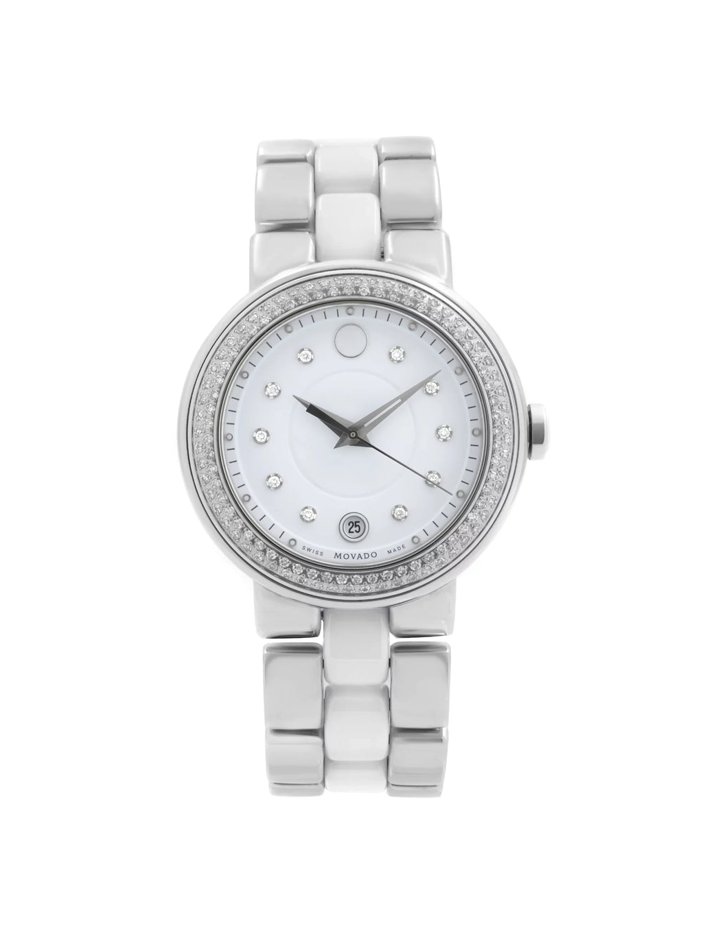 Diamond Watch Steel Ceramic Movado 0606625 Quartz White Bezel Ladies Cerena
