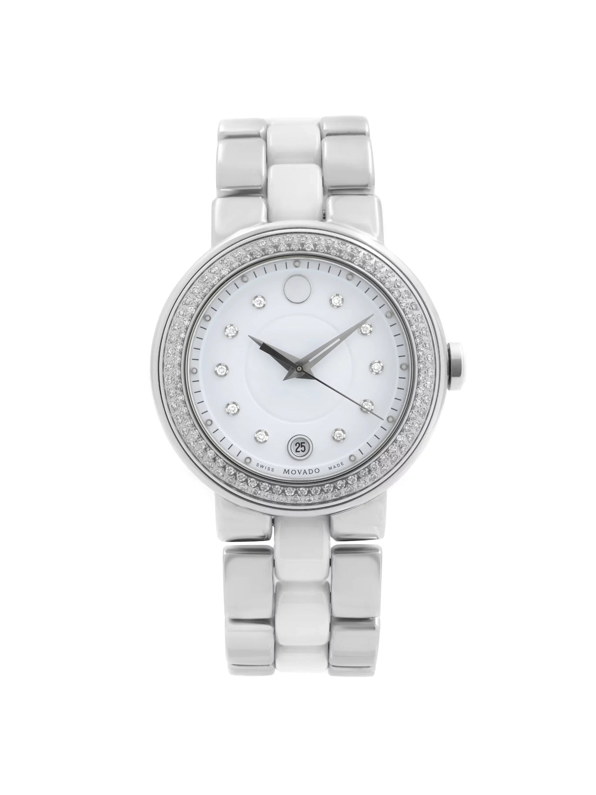 Diamond Watch Steel Ceramic Movado 0606625 Quartz White Bezel Ladies Cerena