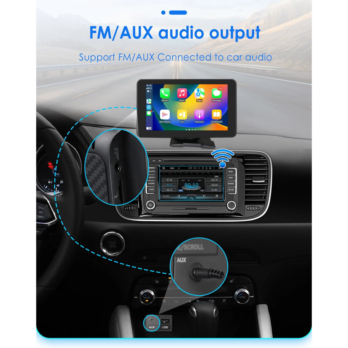 Link FM 7" Navigation Monitor 360° Unit Mirror GPS Carplay Radio Auto Car Player AUX Touchscreen Portable Stereo Android Head Adjustable