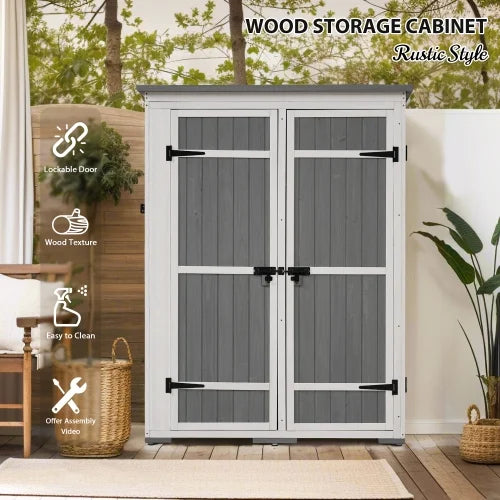 Wood Hx4.1ft Lockable Doors, 5.5ft exterior Asphalt Cabinet Garden White with Four and Roof, L Tool Shed, Multiple-tier Storage Waterproof Shelves, Gray