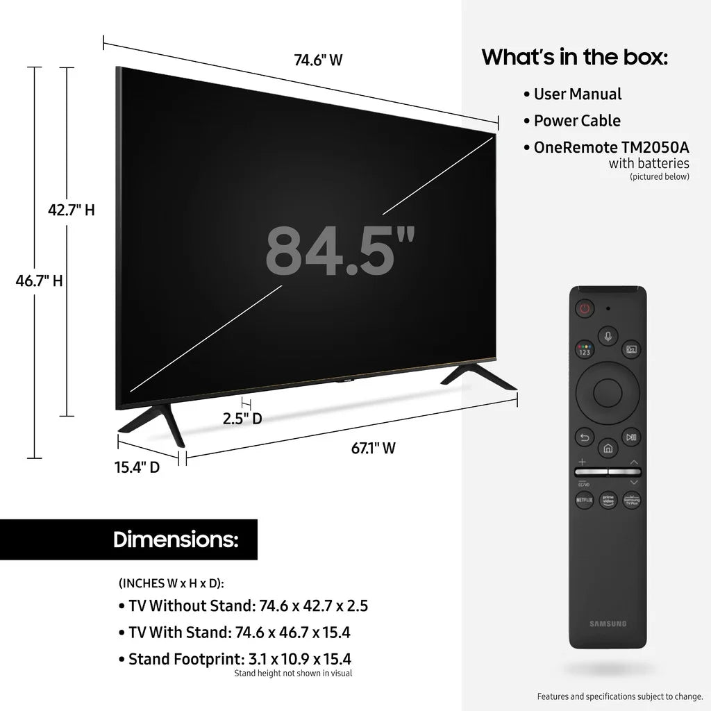 2020 TV Class LED UN85TU8000 HDR UHD 85" Smart with (2160P) Crystal 4K