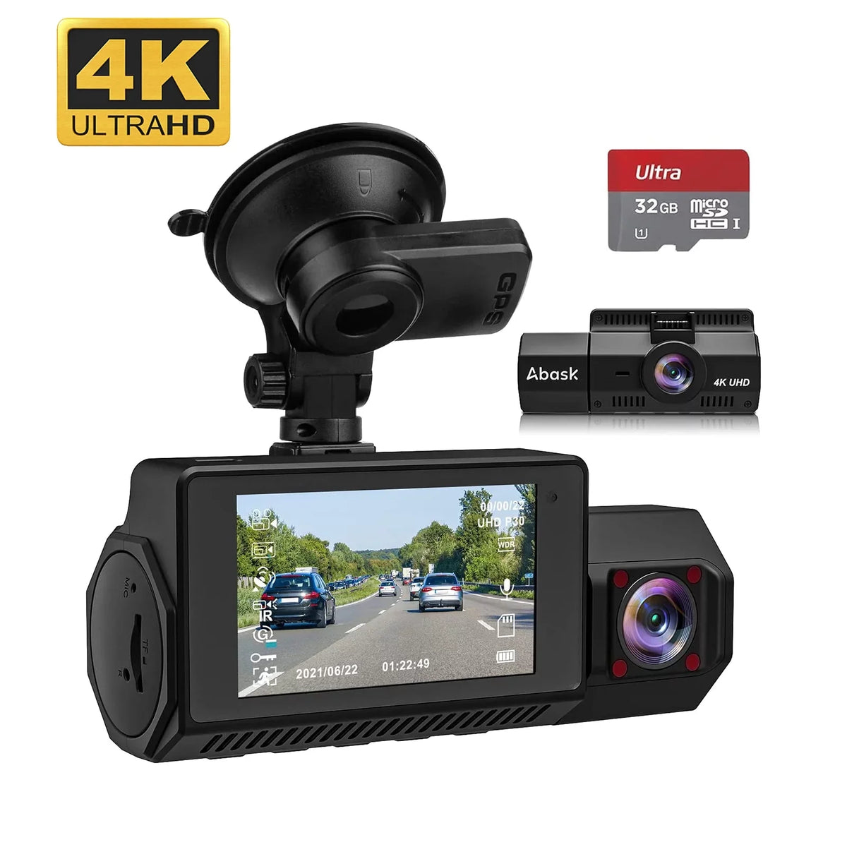 32GB 1080P and Recording，WDR Card Night With Dashcam Front Dual - Mode，G-Sensor，Loop With Abask Vision，GPS，Parking A8 170°/140° 4K cam - Angle Inside