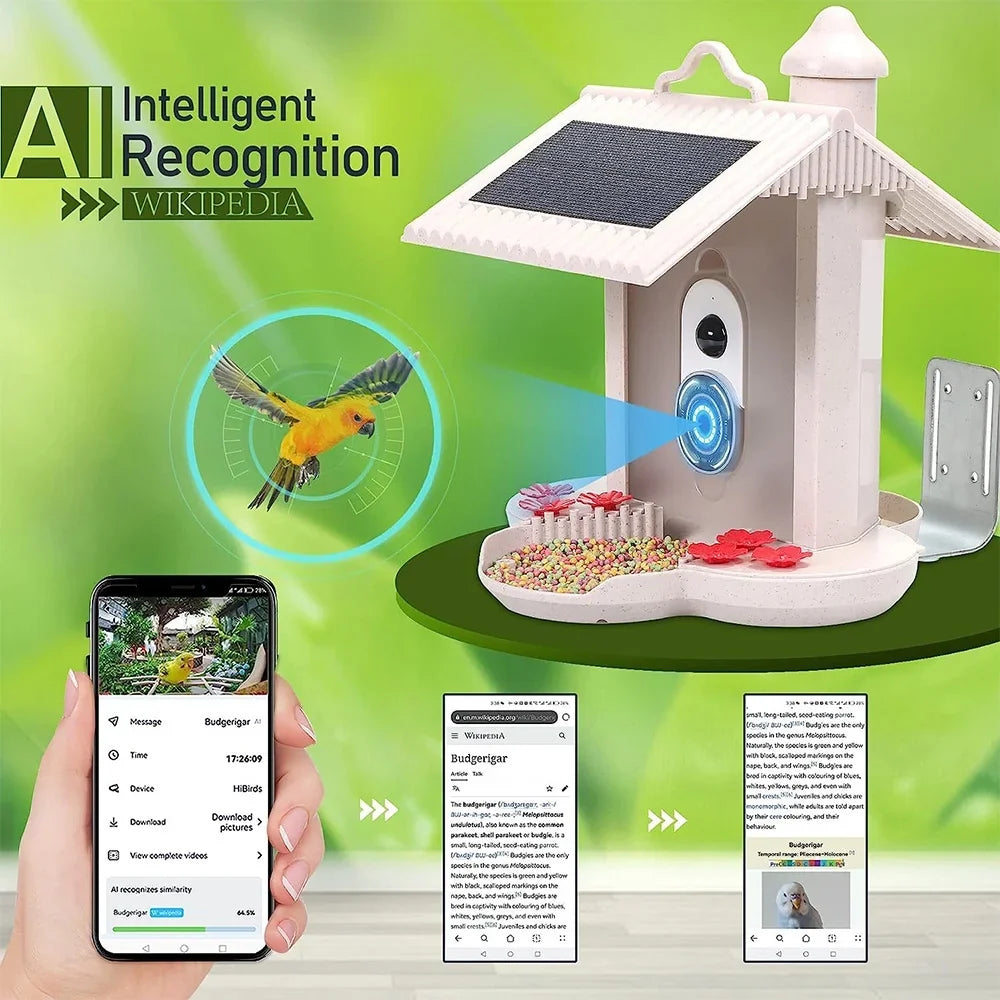 WIFI Real-time Smart Species, Feeder Identify Bird IP65 TF Watching Camera Bird Waterproof Cards Bird for Auto Bird AI Capture Detection, moobody Enthusiasts 1080P Notification, 128G Motion Video,