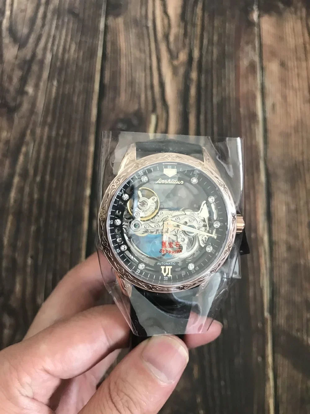 Watch Black Mechanical Luminous Men's Transparent Rose Automatic Skeleton