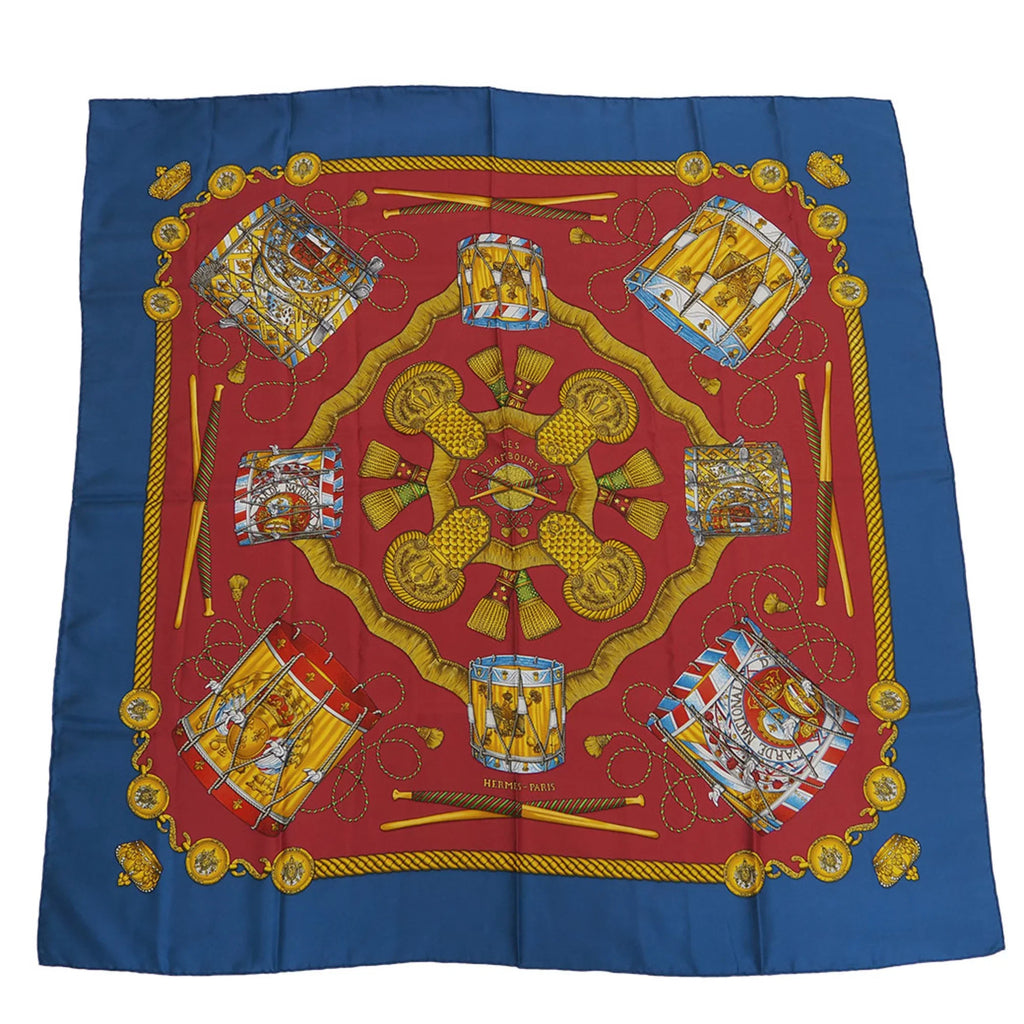 Tambour TAMBOURS HERMES (Good) Muffler Pre-Owned Blue LES 90 Taiko Hermes x Carre Red Scarf