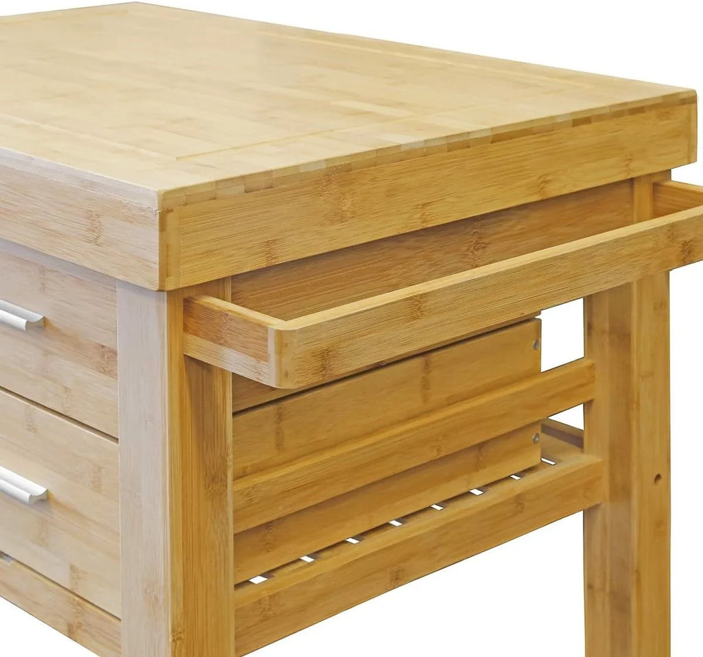 Cart Rolling Prepping Trolley Island With On Kitchen Rack, Butcher Block Food Casters, Wheels, Locking Towel Wood Cart Bamboo Drawers Shelves,