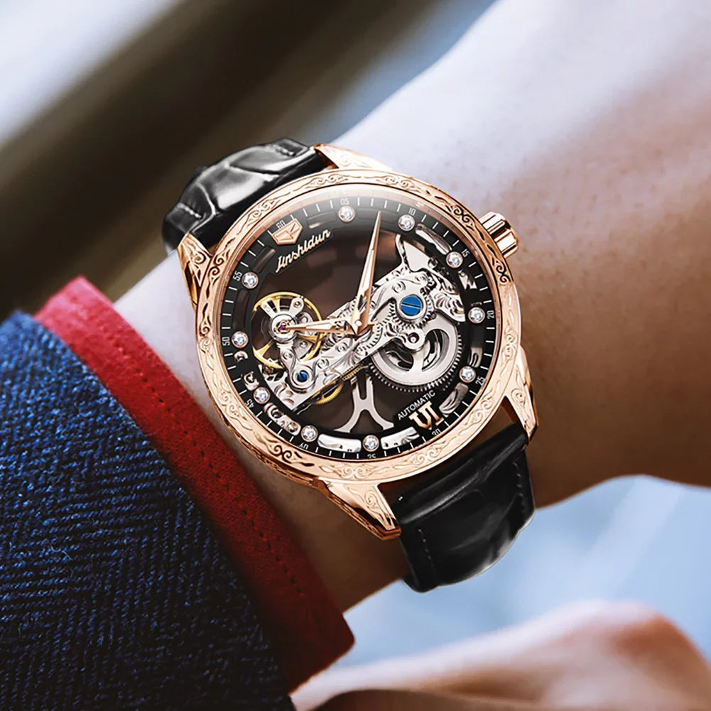 Watch Black Mechanical Luminous Men's Transparent Rose Automatic Skeleton