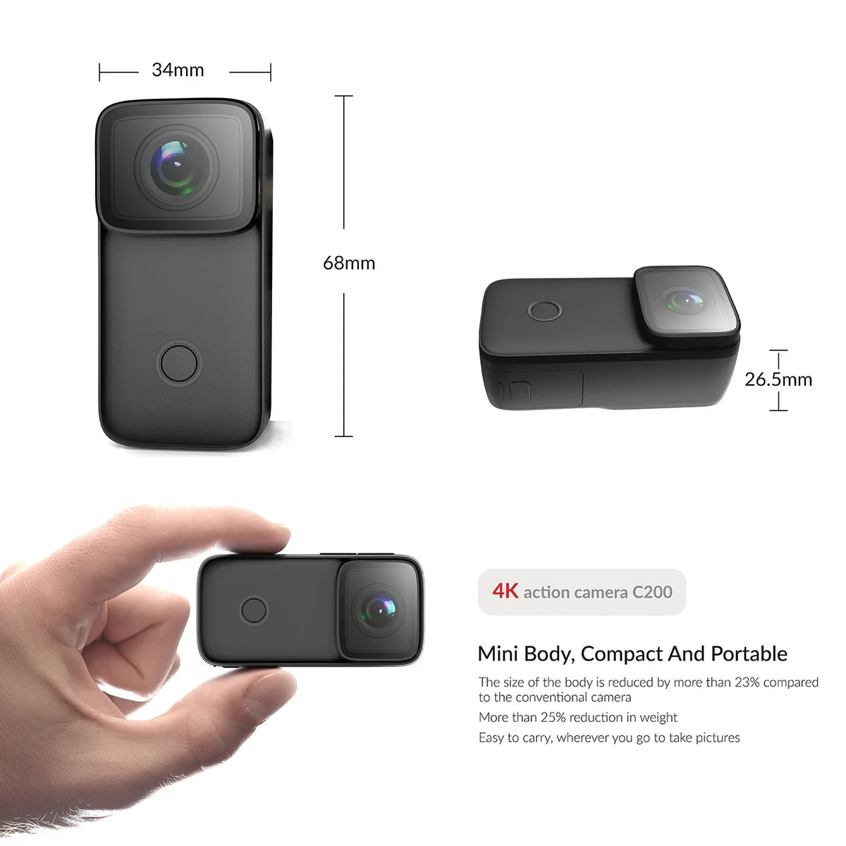 Supports 4K Built-in Face Night Rechargeable Vision Action Body Mini Battery IPS SJCAM Waterproof WiFi Camera Screen 5M 6-Axis with Recognition Inch 1.28 C200 Anti-Shake