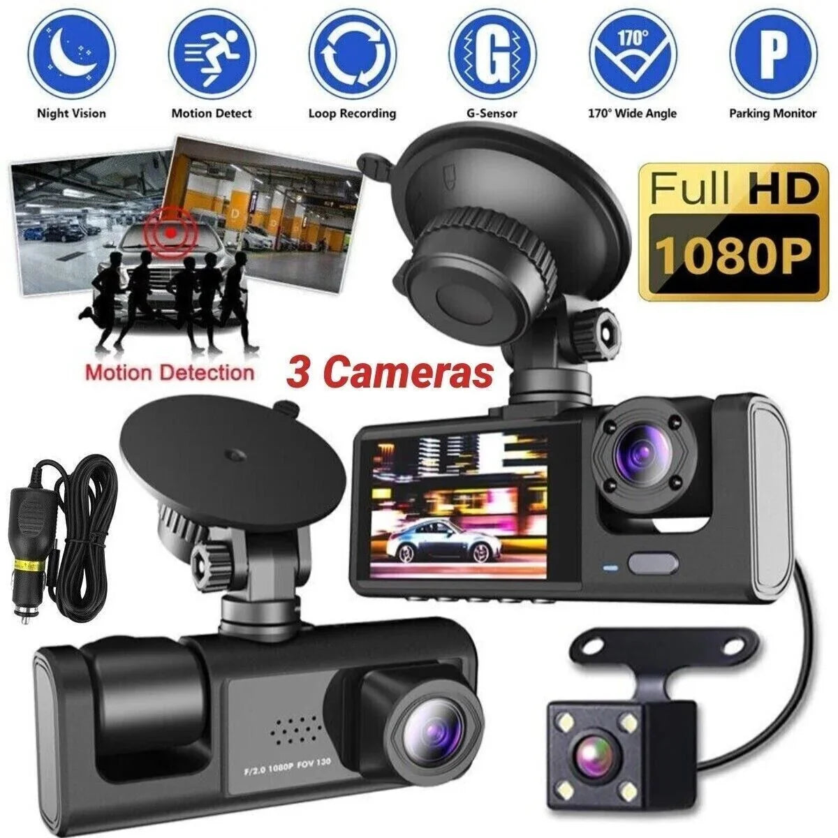Car Recorder 1080P G-sensor Dash Lens Camera Dual Front/Rear/Inside Video Cam