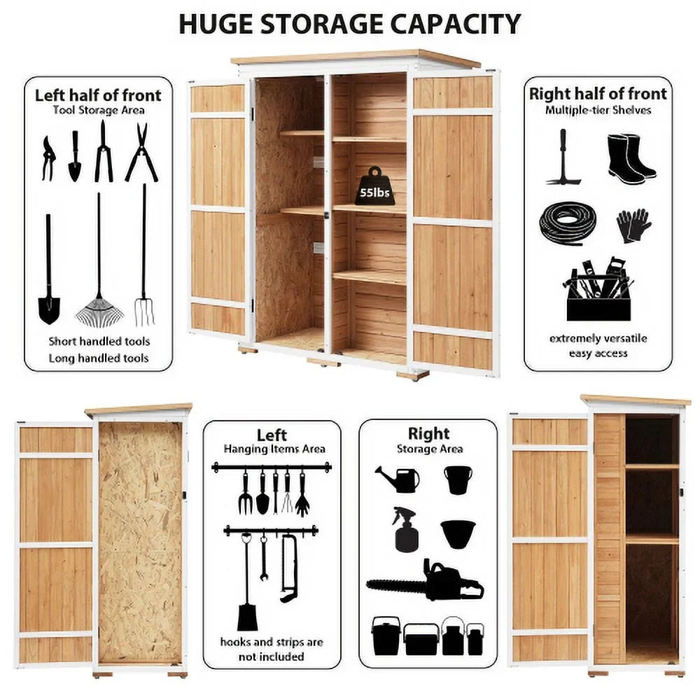 Wood Asphalt Shed, Shelves, Tool Lockable Cabinet Storage Roof, Four Hx4.1ft Doors, Multiple-tier exterior Waterproof with L Garden Natural 5.5ft