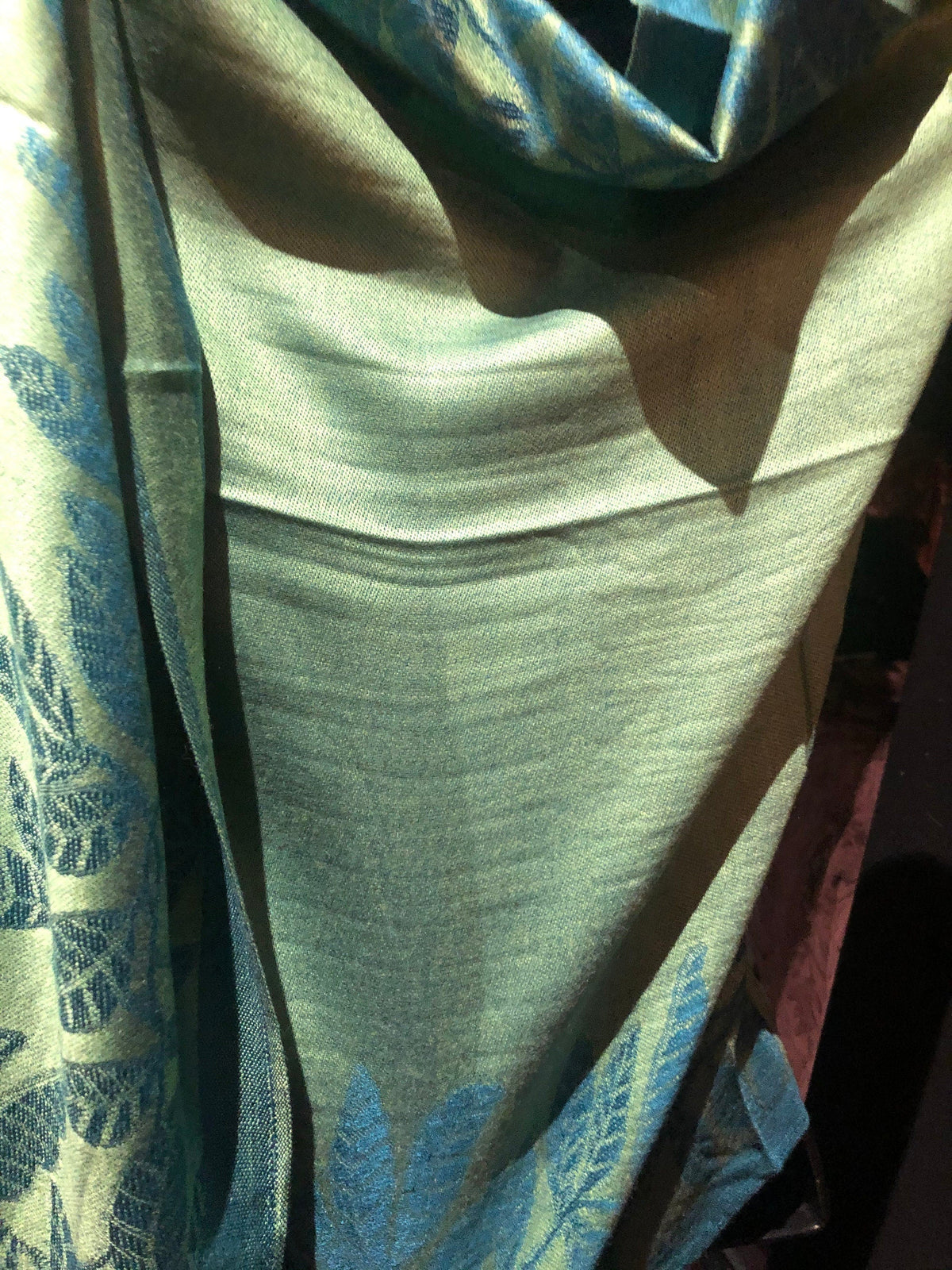 Pashmina shawl blue Scarf Vintage and Green Wrap Vine Teal Reversable Brocade