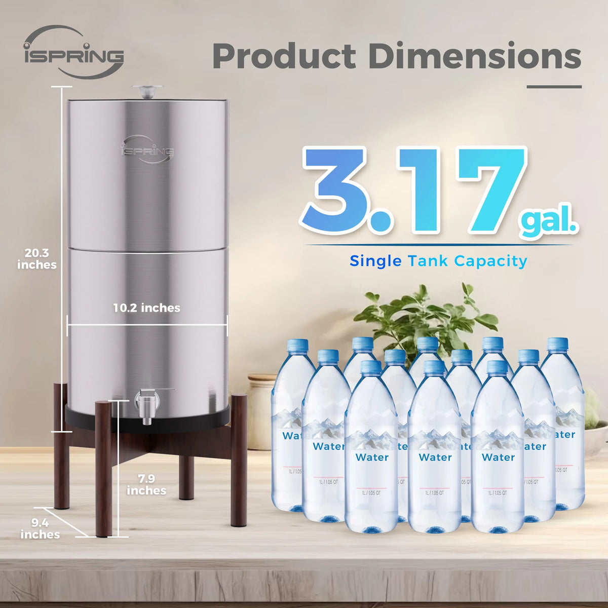liquid iSpring Base,3.17 Activated liquid Gravity-Fed liquid System Filter Countertop Gallons DGF2-DW Stainless Filters,Chlorine 2 Wood Carbon Dark Reduction,Portable with Steel Filter with