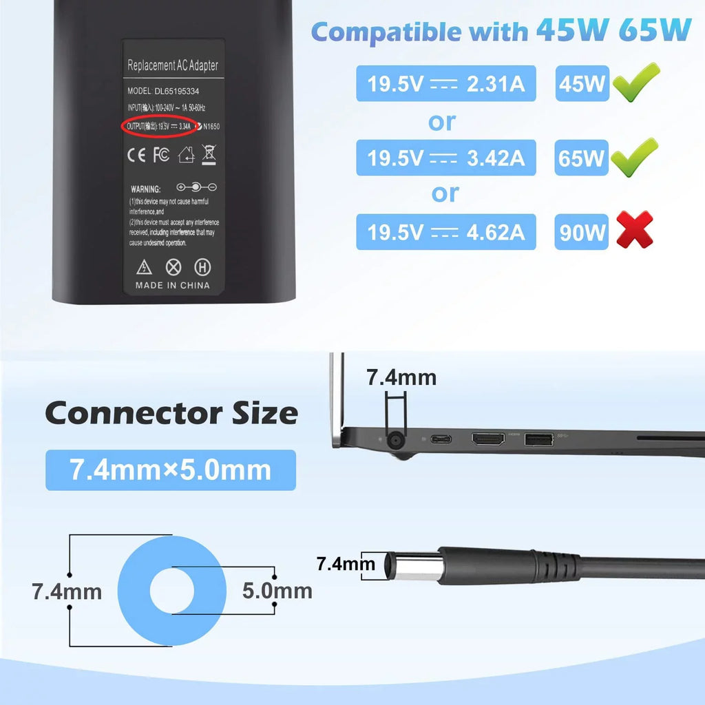 E6540 5500 Laptop AC 3440 5400 Charger E5470 E5450 7480 E7480 E6420 5480 LA65NM130 7490 for E7470 E5400 7390 Latitude LA65NS2-01 E6430 Adapter 65W E5420 7400
