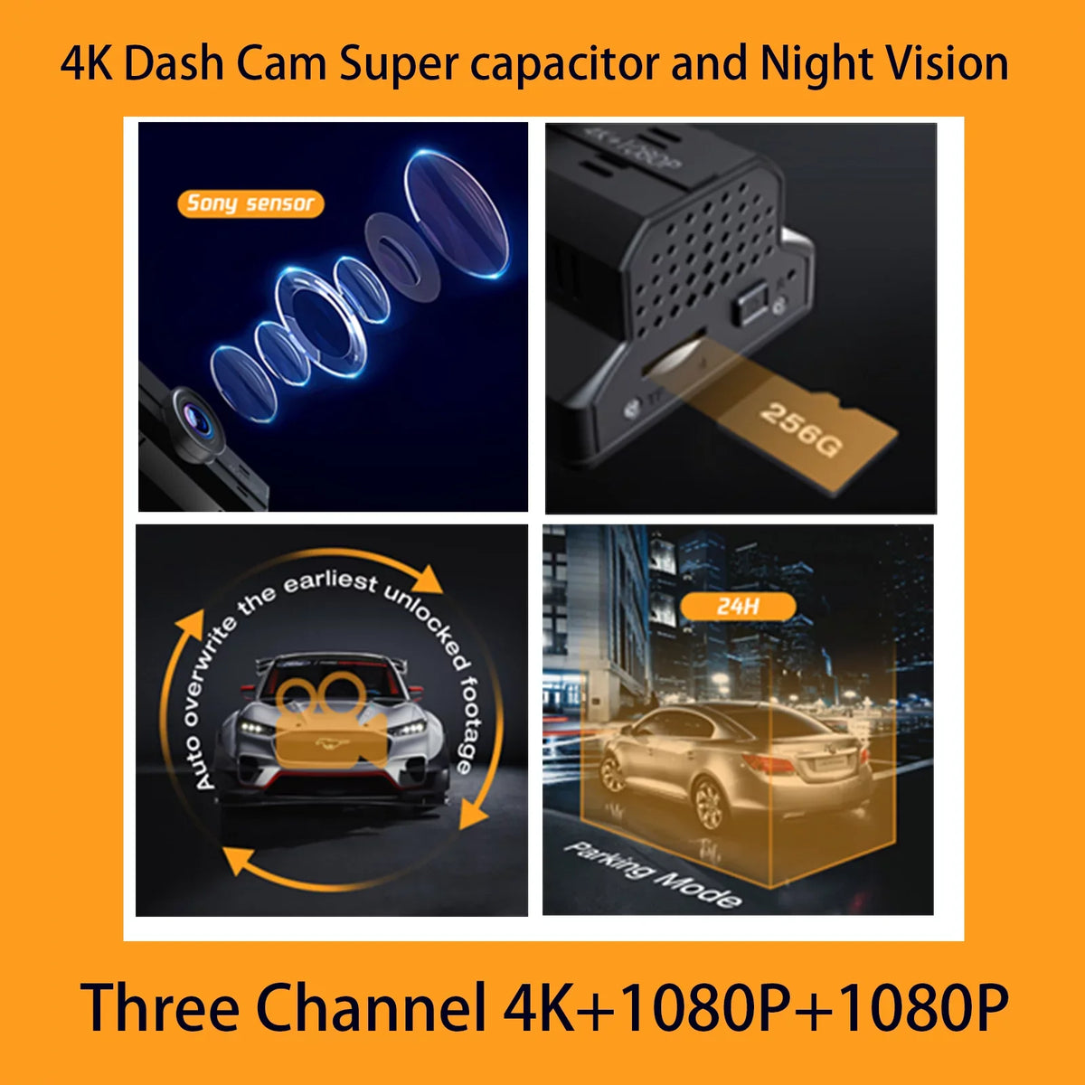 Car Dash and 3 Cam 170°Wide Channel 2K+1080P+1080P Angle, Dash Inside, Front with Rear Camera Night 4K+1080P Triple IR 4K Parking Inside, and Front Camera WDR, Vision, Monitor