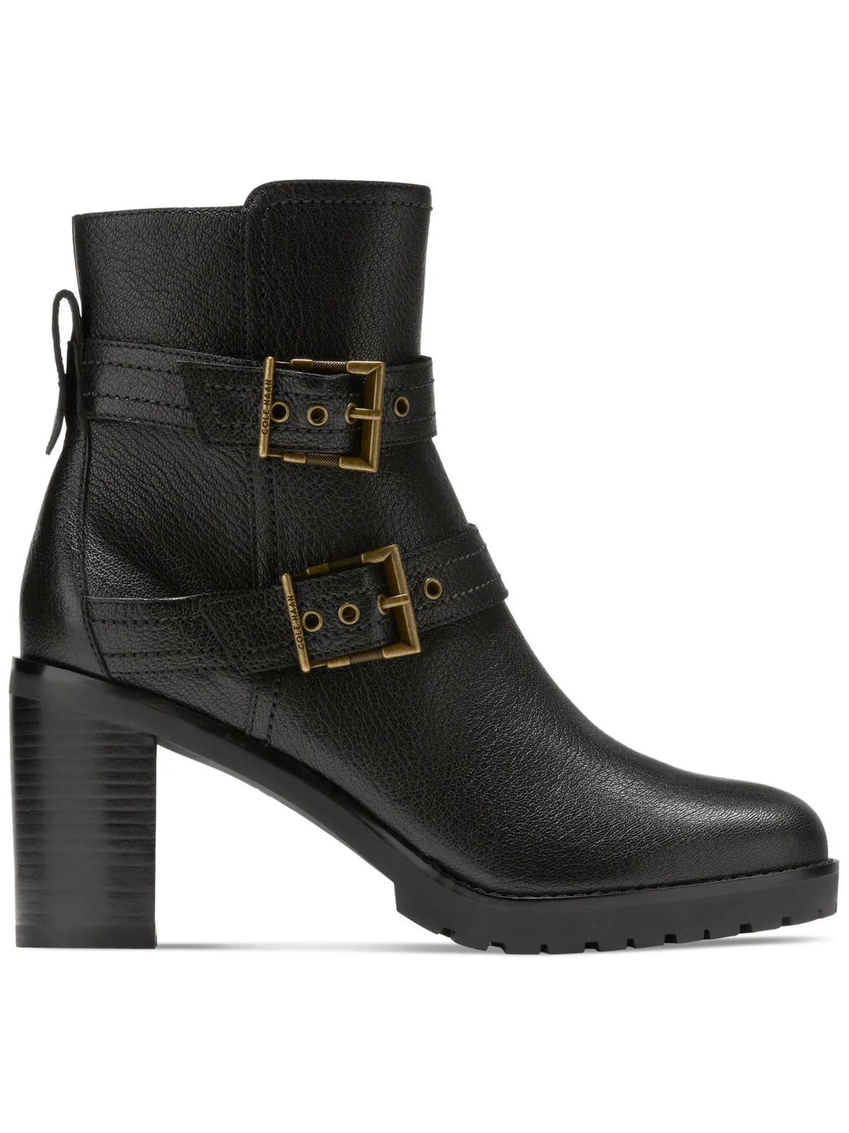 Black HAAN Buckle Stacked Foster Heel Accent Zip-Up Toe 5 Almond Womens Booties Leather COLE B