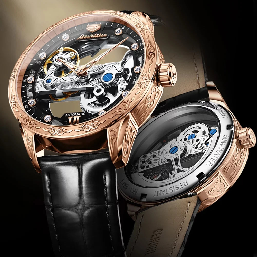Watch Black Mechanical Luminous Men's Transparent Rose Automatic Skeleton