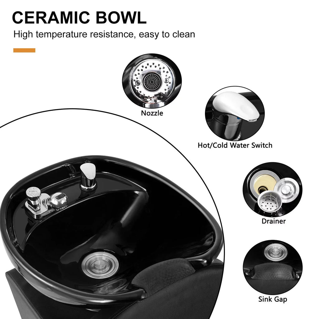 Bowl Chair and Beauty with Ceramic Tattoo Bowl, Spa Shampoo Sink Backwash Adjustable Artist Hand Footrest Salon Black