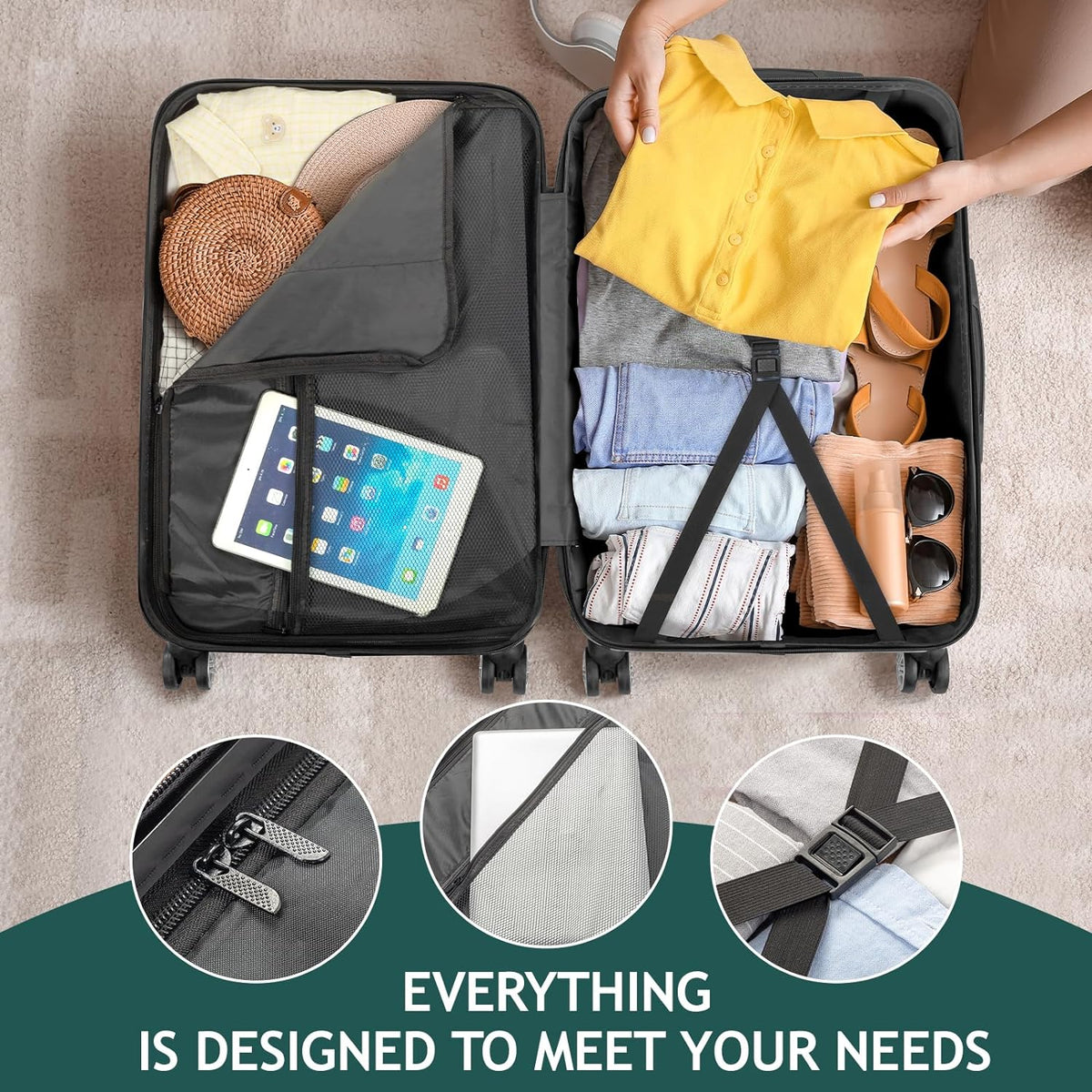 ABS Portable & Carry Spinner 3 with Travel Hardside on for Set Suitcase Lightweight Dark of Luggages Sets - lock, Green (20/24/28) Business Wheels Luggage TSA
