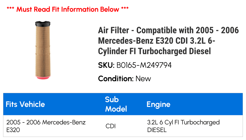 3.2L E320 2006 FI Diesel - - Mercedes-Benz Compatible 2005 Filter Turbocharged Air CDI 6-Cylinder with
