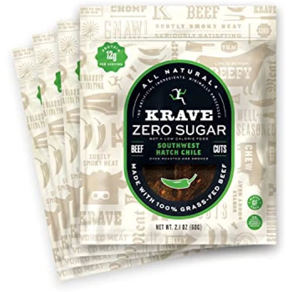 Jerky, Krave Beef (4 Sugar, 100% - Beef, Southwest No Ingredients, No Chile Protein, Grass-Fed Zero Artificial Nitrates Hatch Bags Oz 12G Gluten-Free, 2.1 Pack)