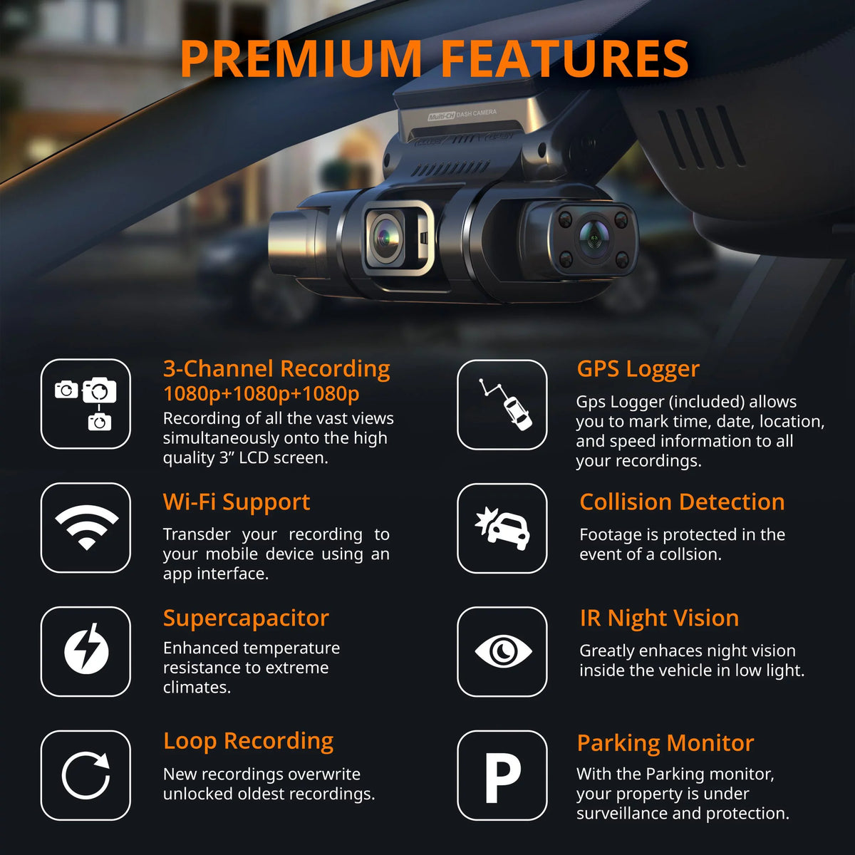 Cam S3 Rexing 1080P+1080p+1080p Cabin, Sides Front, 3-Channel Dash