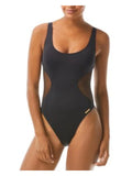 Cutout Lined One VINCE Moderate SWIM Scoop Piece Swimsuit Neck 4 Coverage CAMUTO Women's Mesh Black Stretch