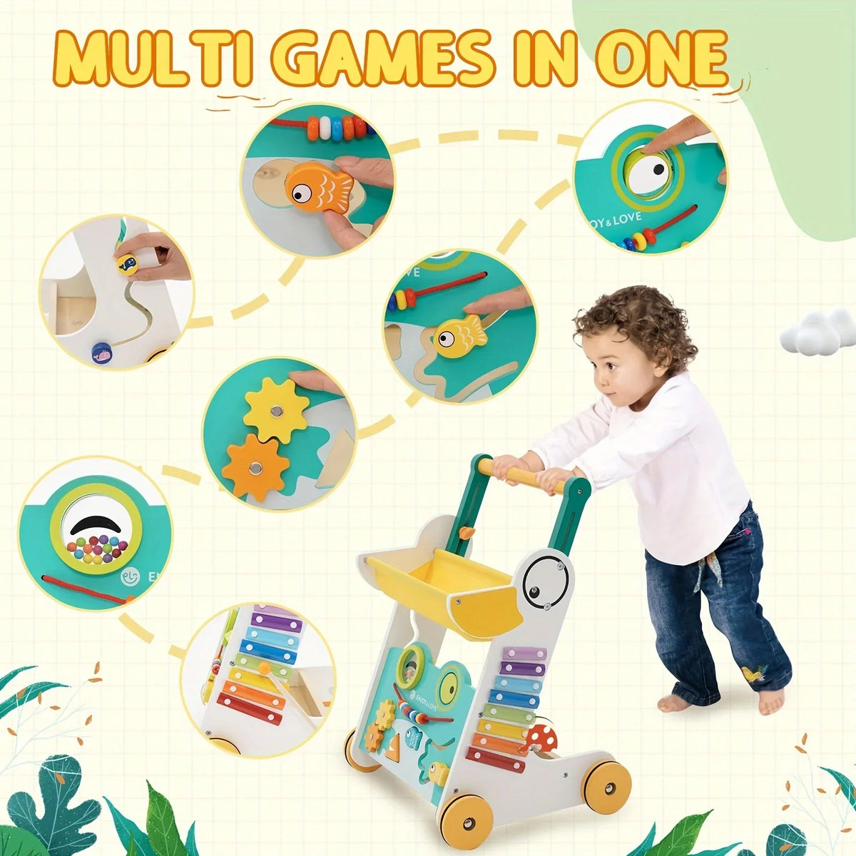 Activity Center Toy Baby Kids with for Boys Girls Multiple Infants Learning Wooden Baby Sorter Along Walker Xylophone Entertainment Walker Push Sit-to-Stand Shape Fishing Trolley Push Toddler
