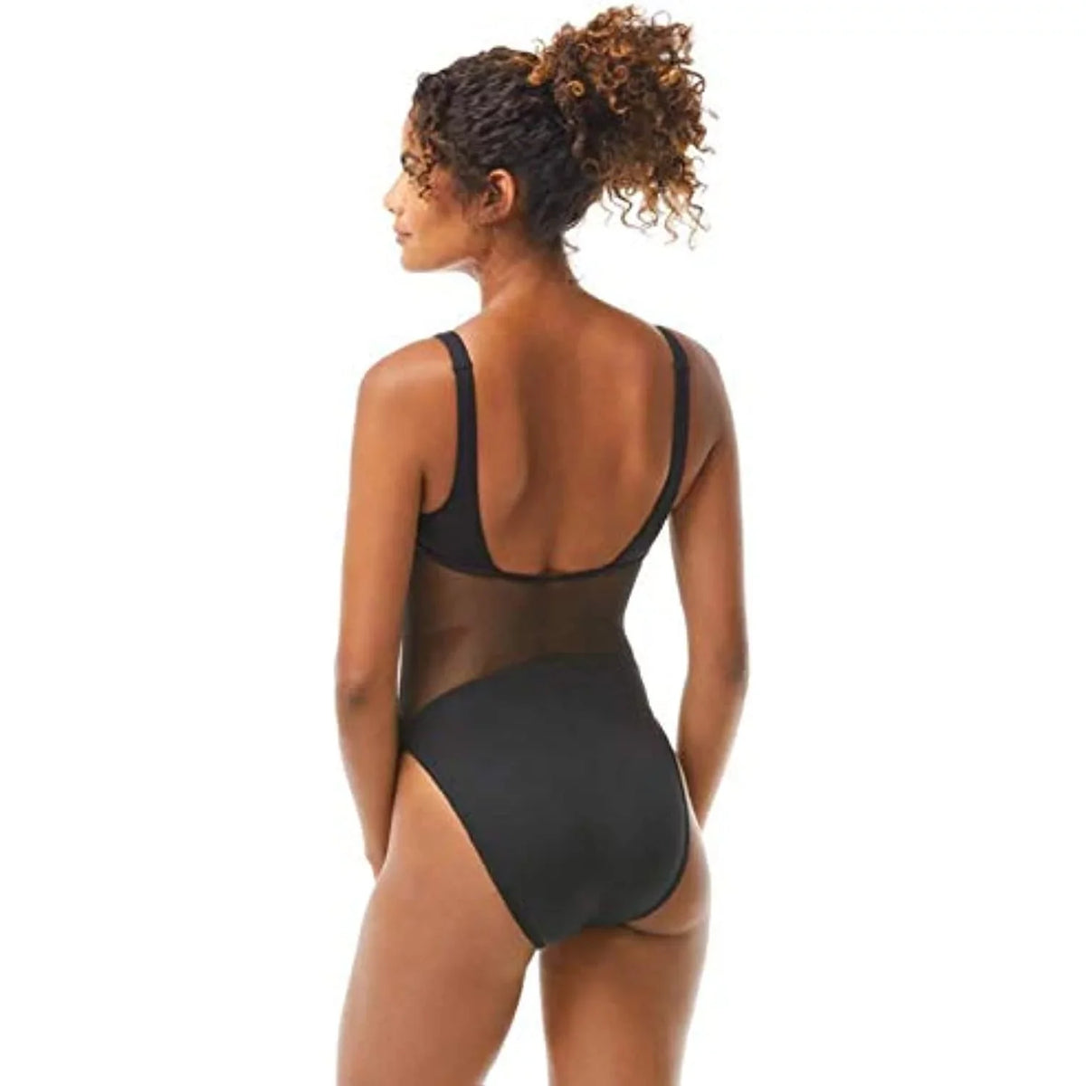 Cutout Lined One VINCE Moderate SWIM Scoop Piece Swimsuit Neck 4 Coverage CAMUTO Women's Mesh Black Stretch