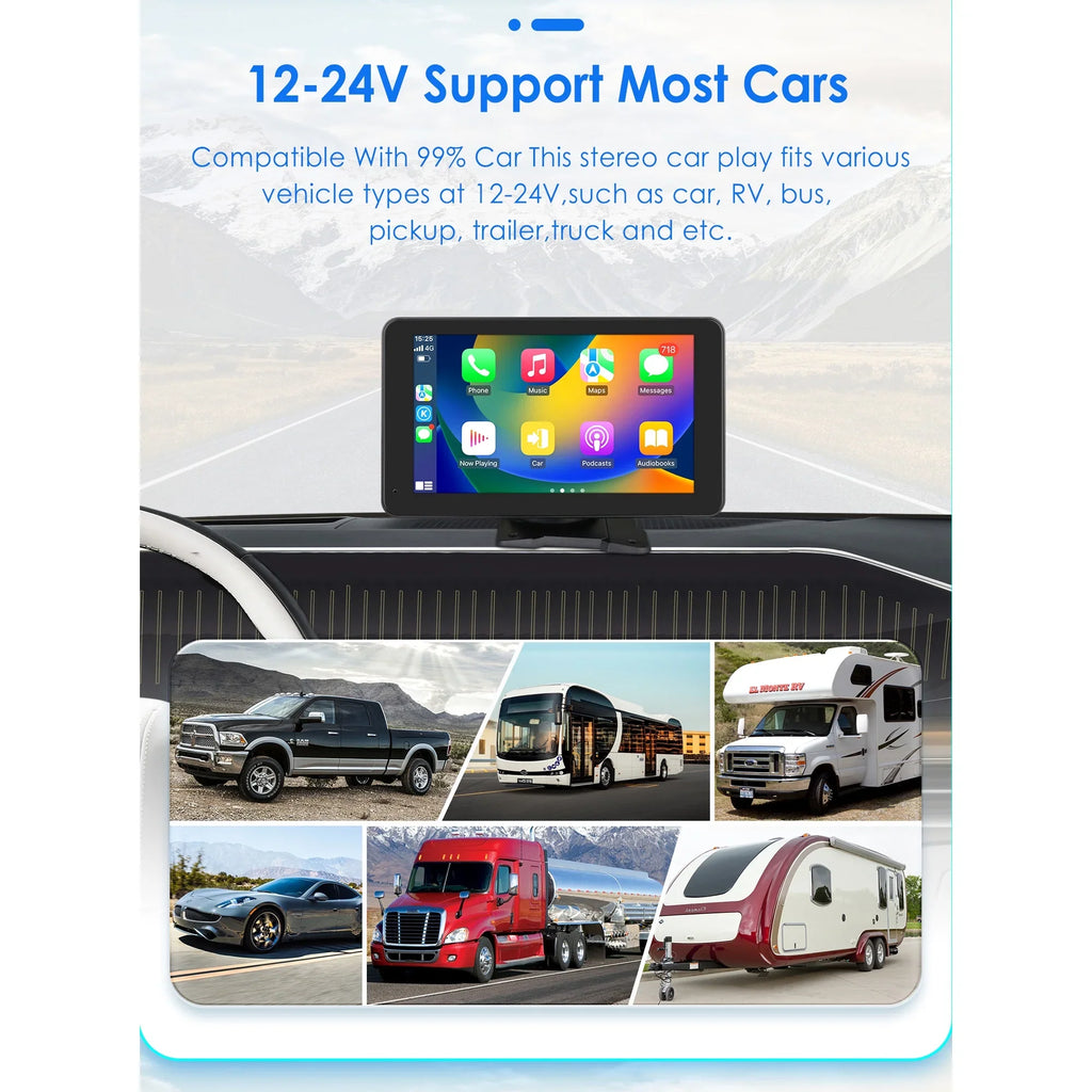 Link FM 7" Navigation Monitor 360° Unit Mirror GPS Carplay Radio Auto Car Player AUX Touchscreen Portable Stereo Android Head Adjustable