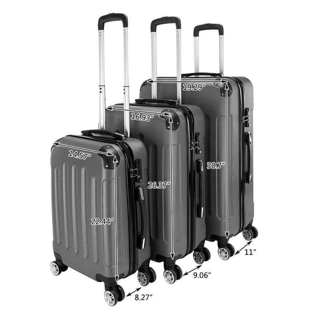 28" - Lightweight Gray / Set 24" Portable ABS 20" Case Trolley Dark Suitcase 3-in-1 / Travel