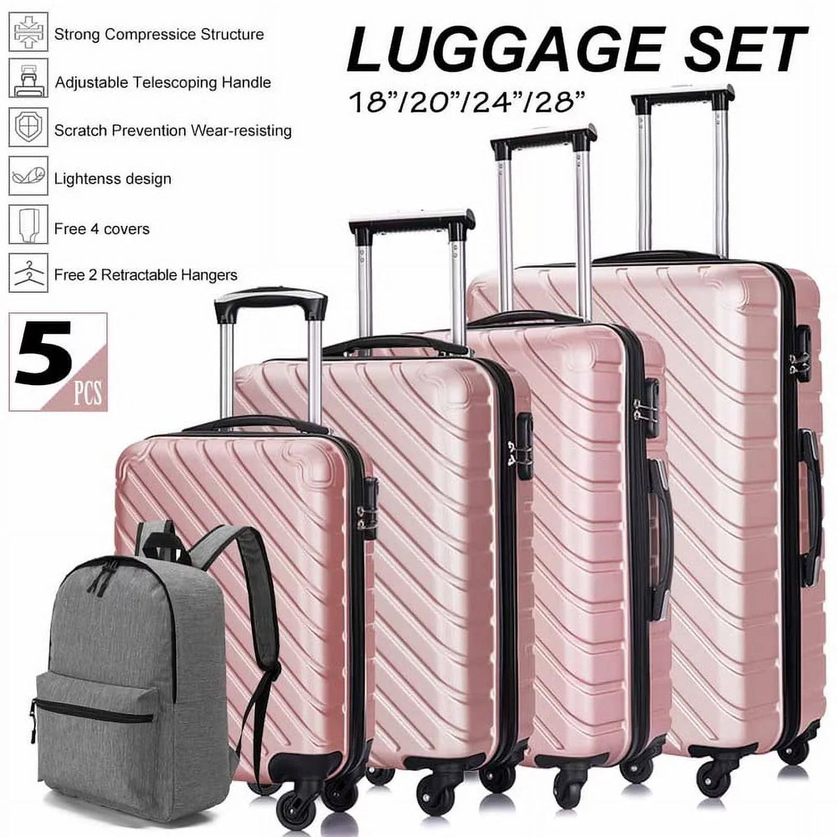 4 Luggage Luggage Piece gold rose Cover&Hanger Spinner Hardshell with On Suitcase,Carry Free Wheels Sets,Travel Inside