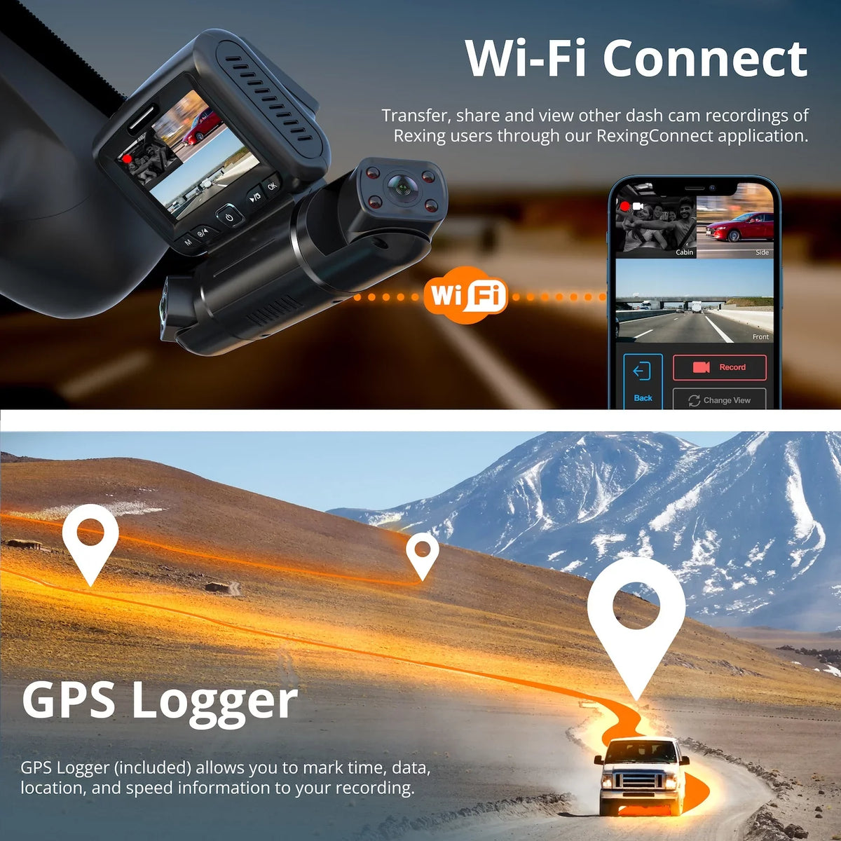 Cam S3 Rexing 1080P+1080p+1080p Cabin, Sides Front, 3-Channel Dash