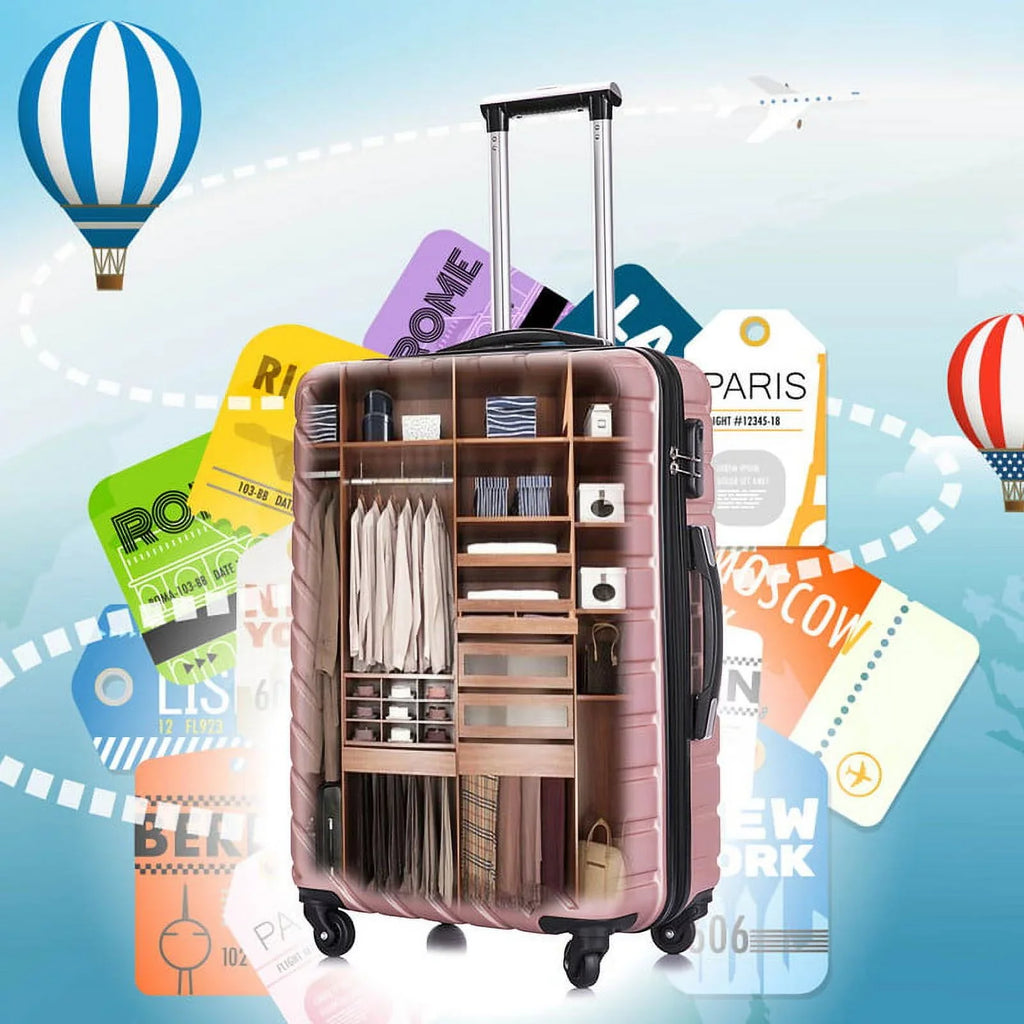 4 Luggage Luggage Piece gold rose Cover&Hanger Spinner Hardshell with On Suitcase,Carry Free Wheels Sets,Travel Inside