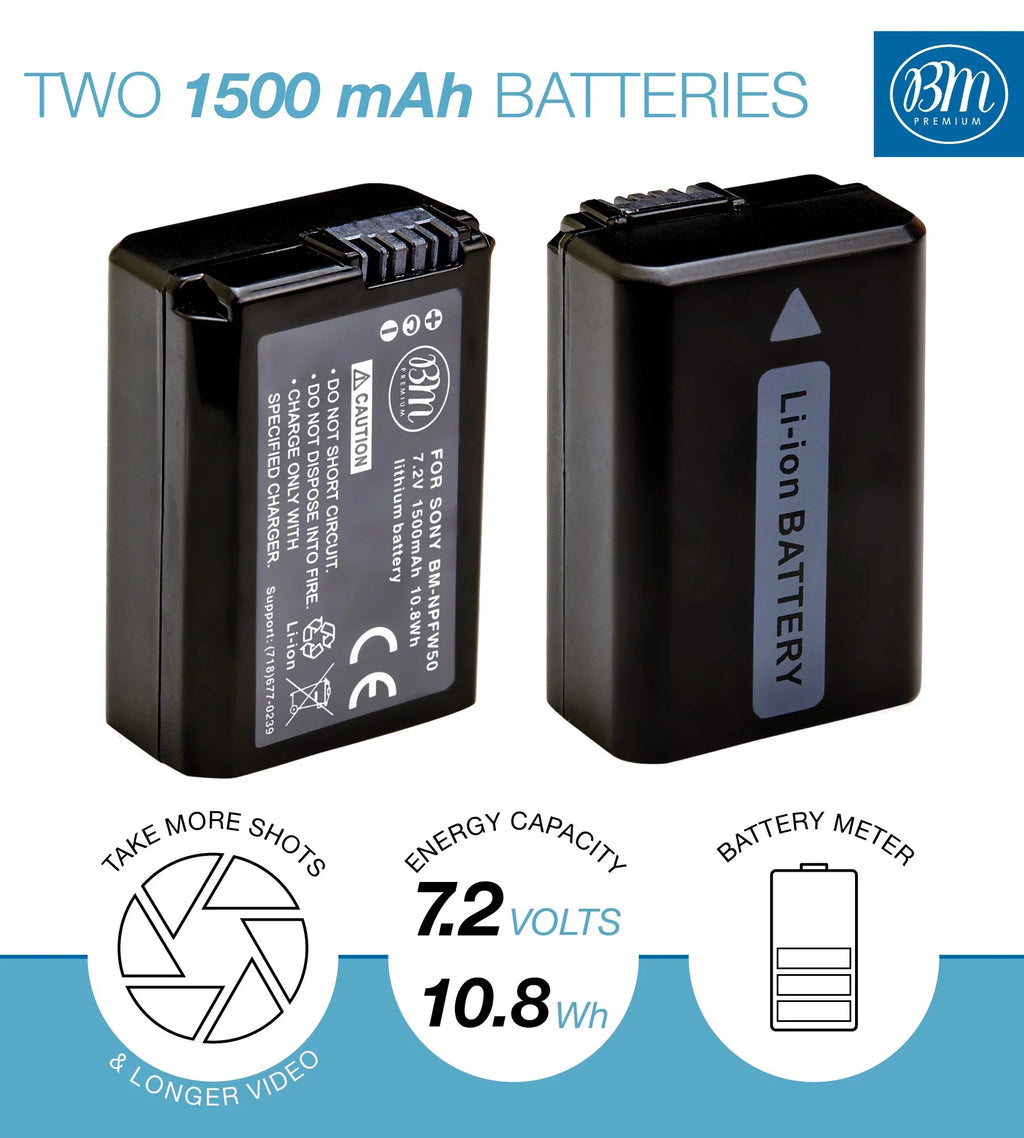 II a6000 III, a3000 and Dual Alpha IV Batteries NP-FW50 II, a7R a5000 a7 A7s a6400 Cameras DSC-RX10 Charger A7 BM a6300 A6100 a6500 II for 2 7